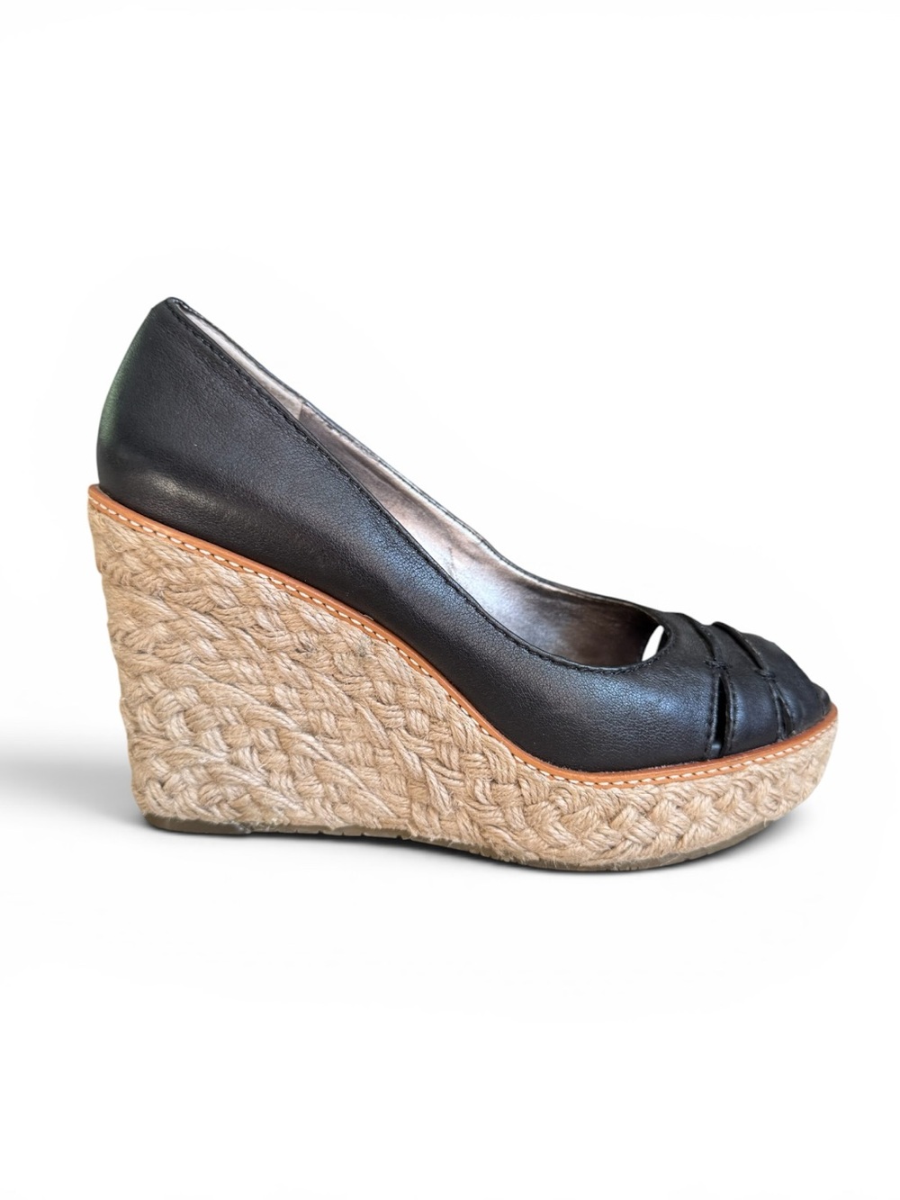 Banana Republic Leather Espadrille Wedge Peep Toe Pumps Preppy Summer Black 8